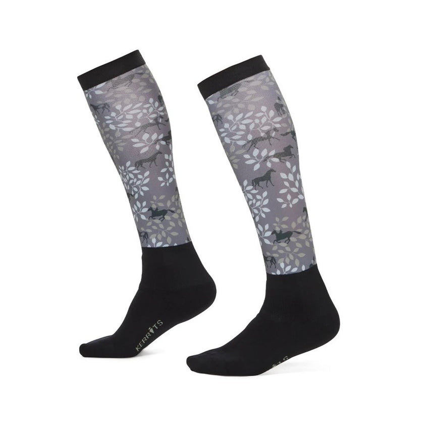Dual Zone Equestrian Boot Socks with branches and horses in shades of grey and black foot and band at knee-hight