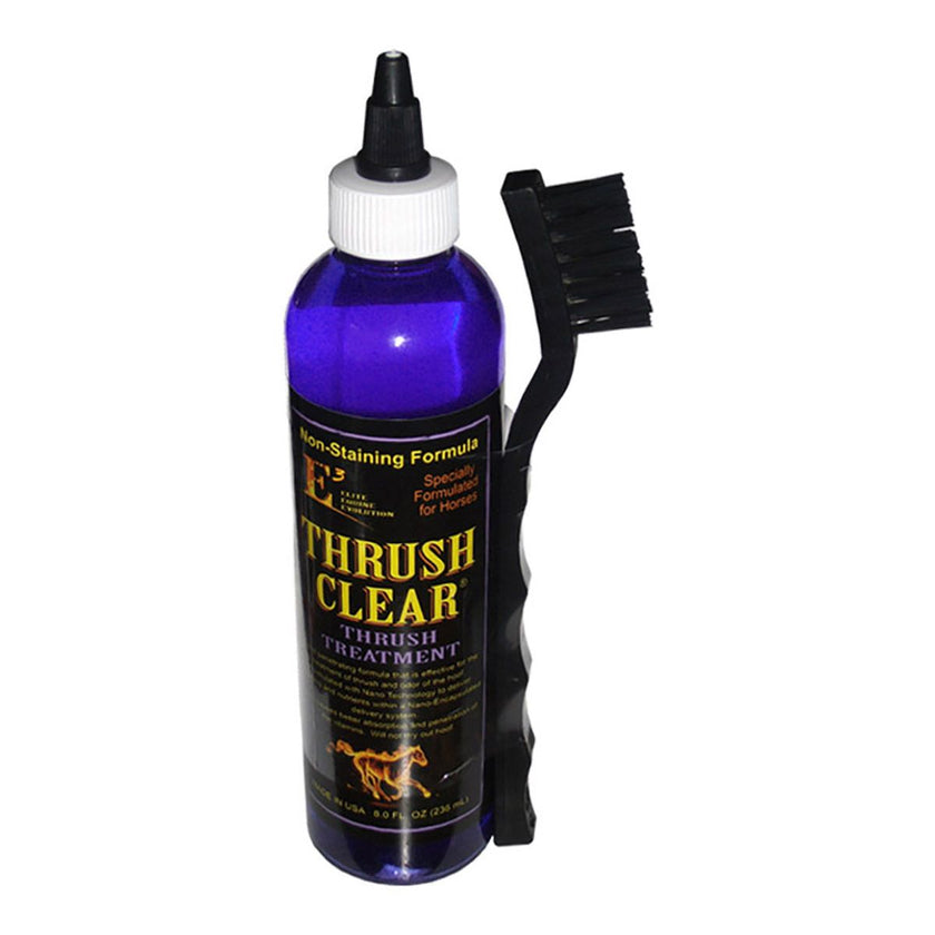 A bottle of E3 Elite Thrush Clear with a brush, primarily blue and black in color.
