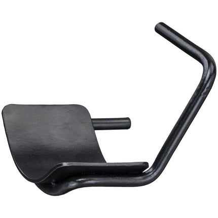 A single black one-handed jump cup for horses, with a curved design and a flat base to fit on 4x4 posts.