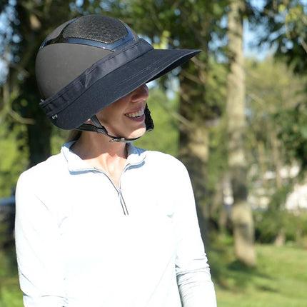 EquiVisor® Cotton Helmet Sun Visor shown on model rider