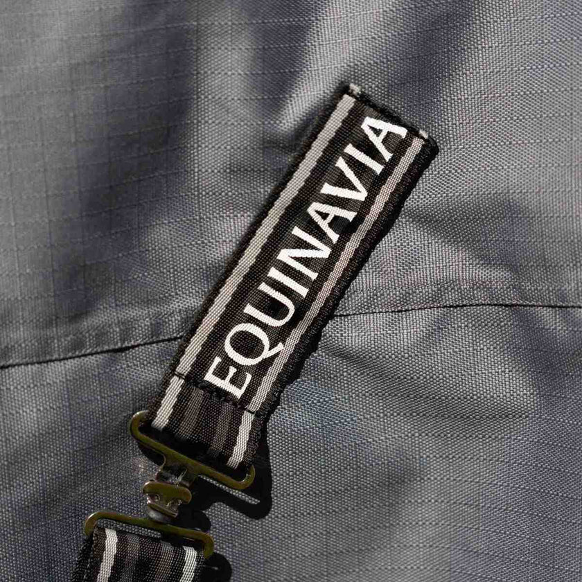 Equinavia Arktis Regular Neck Turnout Sheet - Carbon Gray Surcingle detail with brand.