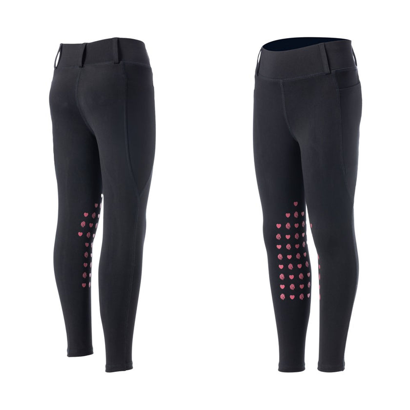 Equinavia Classic Kids Knee Patch Riding Tights Black with pink motive knee patch front and back view