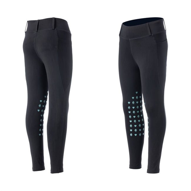 Equinavia Classic Kids Knee Patch Riding Tights Black with Turquoise motive front and back view 