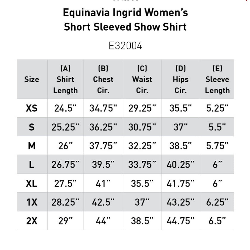 Equinavia Ingrid Women's Short Sleeved Show Shirt Size Chart
