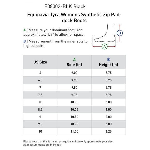 Equinavia Tyra Womens Synthetic Zip Paddock Boots Sizing Chart