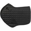 A black Equitare Close Contact All Purpose Shaped Square quilted satin saddle pad designed for close contact with an all-purpose shape, including D-ring and girth loops.