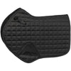 A black Equitare Close Contact All Purpose Shaped Square quilted satin saddle pad designed for close contact with an all-purpose shape, including D-ring and girth loops.