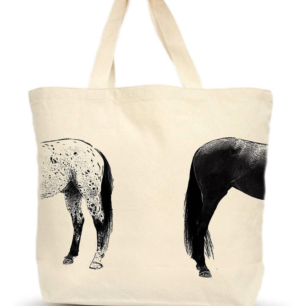 Eric & Christopher - Kissing Horses Large Tote back showing the hind end of the two horses