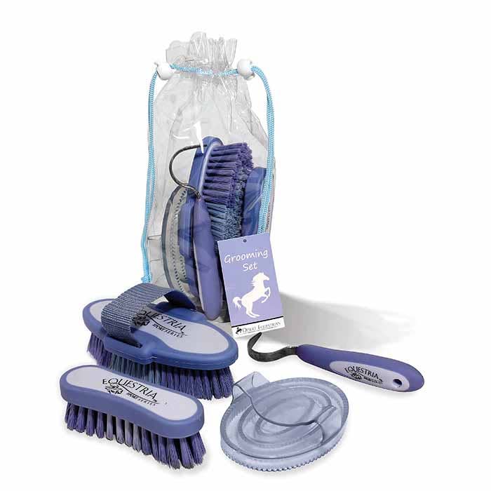 Essential Grooming Set - A 4 piece Duffle Bag Grooming Set by Kelley and Company displayed with a body brush, face brush, jelly curry, and hoof pick, packaged in a transparent vinyl bag with light blue draw string.