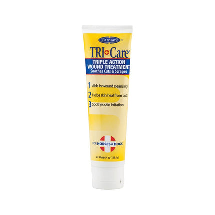 A tube of Farnam Tri-Care Triple Action Wound Treatment, primarily yellow packaging with white and blue text, designed for veterinary use.