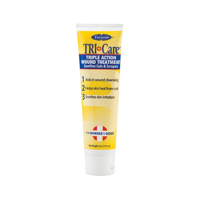 A tube of Farnam Tri-Care Triple Action Wound Treatment, primarily yellow packaging with white and blue text, designed for veterinary use.