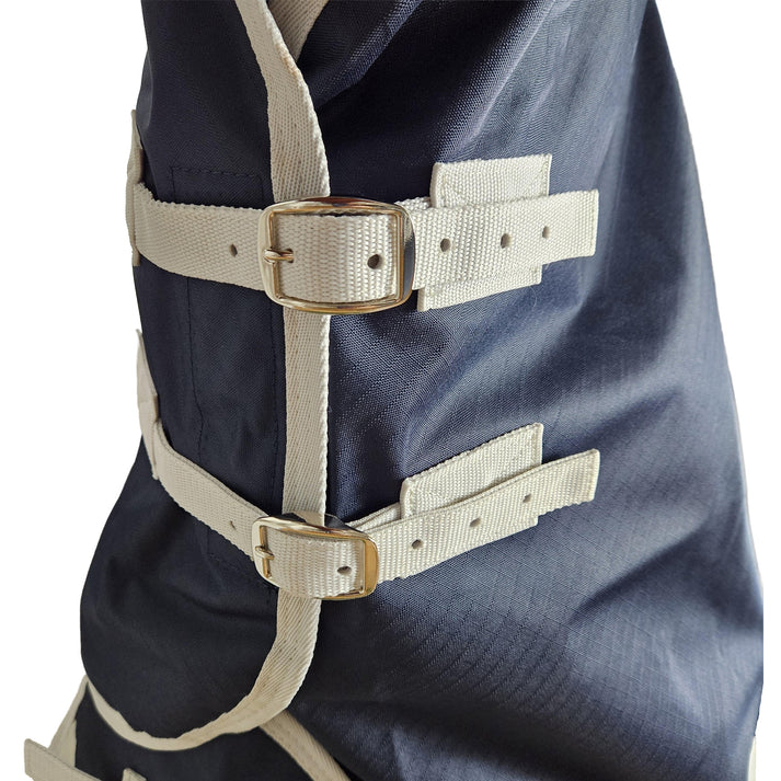 Navy blue Gatsby Delta 600D Waterproof Neck Cover showing details of the two front buckles