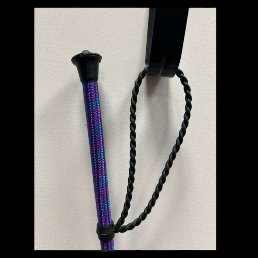 Gatsby English Riding Crop showing a close up of the handle in purple with turquoise accents.