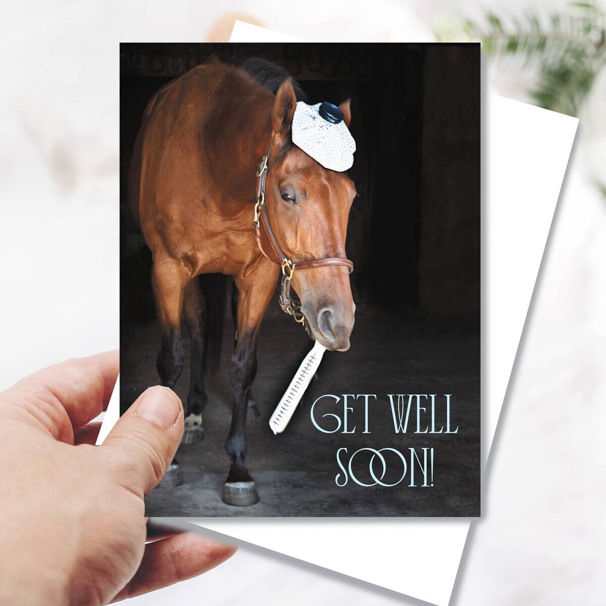 Get Well Card - Horse & Thermometer with a horse and 'Get Well Soon!' text held by a hand