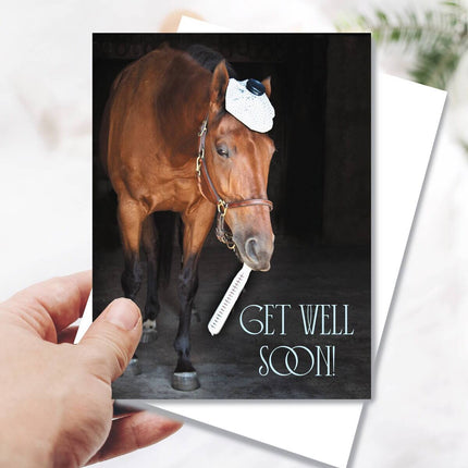 Get Well Card - Horse & Thermometer with a horse and 'Get Well Soon!' text held by a hand