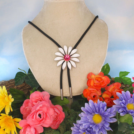 HHH Designs - 59mm White Enamel Daisy Bolo Tie With Pink Stone on display