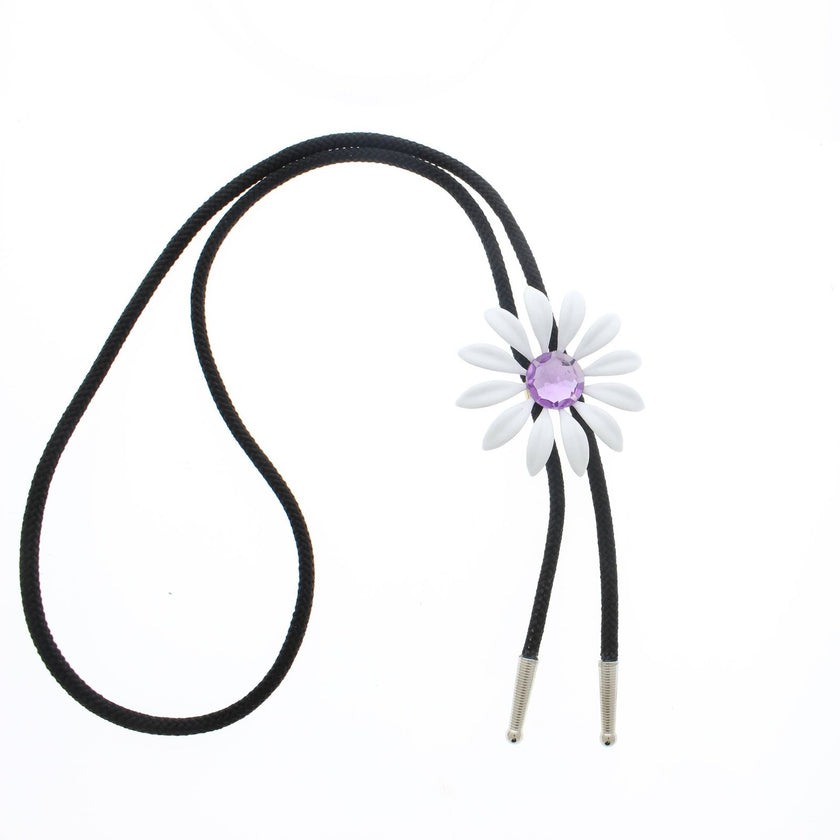 HHH Designs - 59mm White Enamel Daisy Bolo Tie With Purple Stone