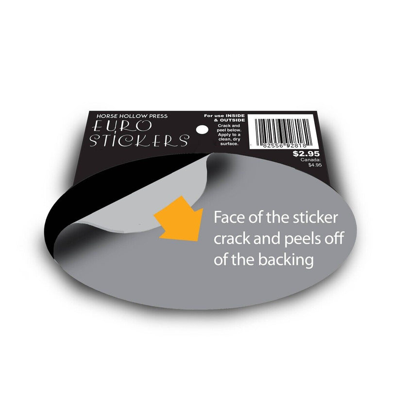 packaging of oval euro sticker showing how to crack and peel off the backing