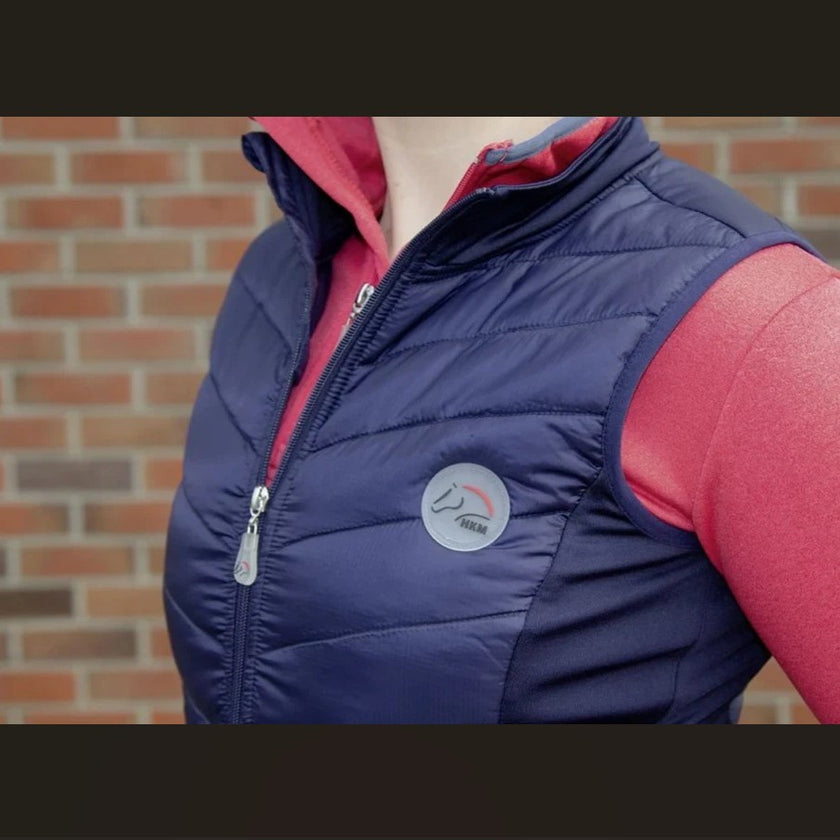 HKM Basel Jersey/nylon Vest on a model showing details of the top front zip and shoulder area. 