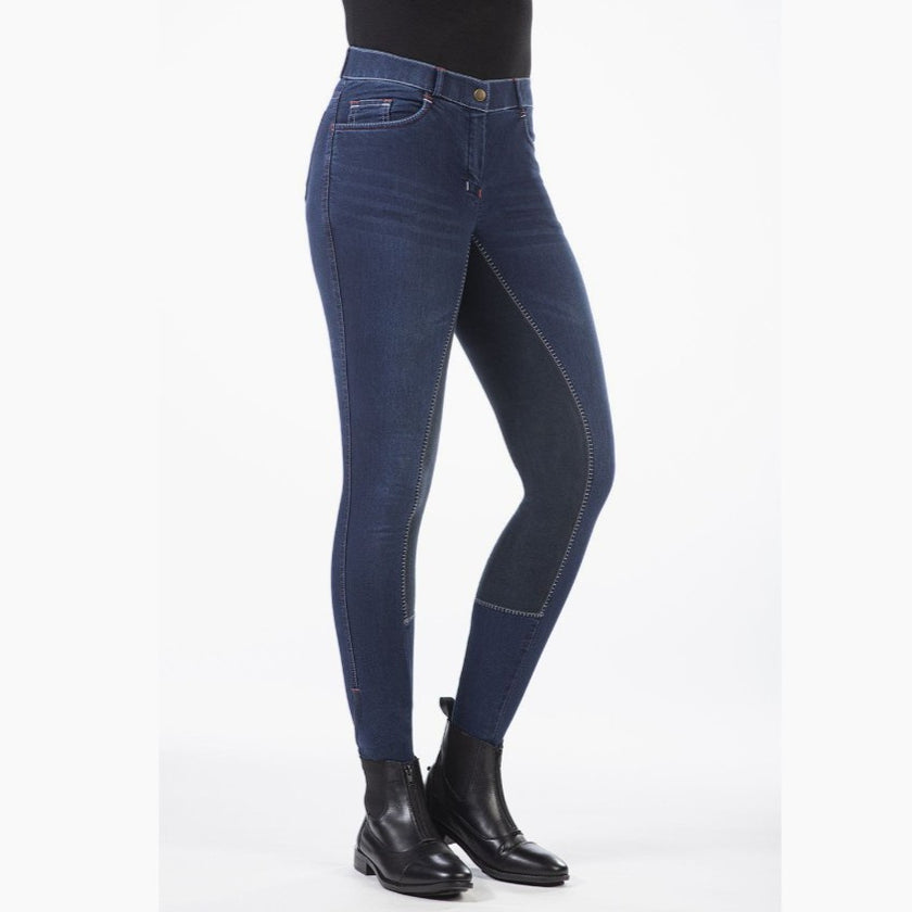 HKM Children's Summer Denim Riding breech 3/4 Alos seat Front view on model