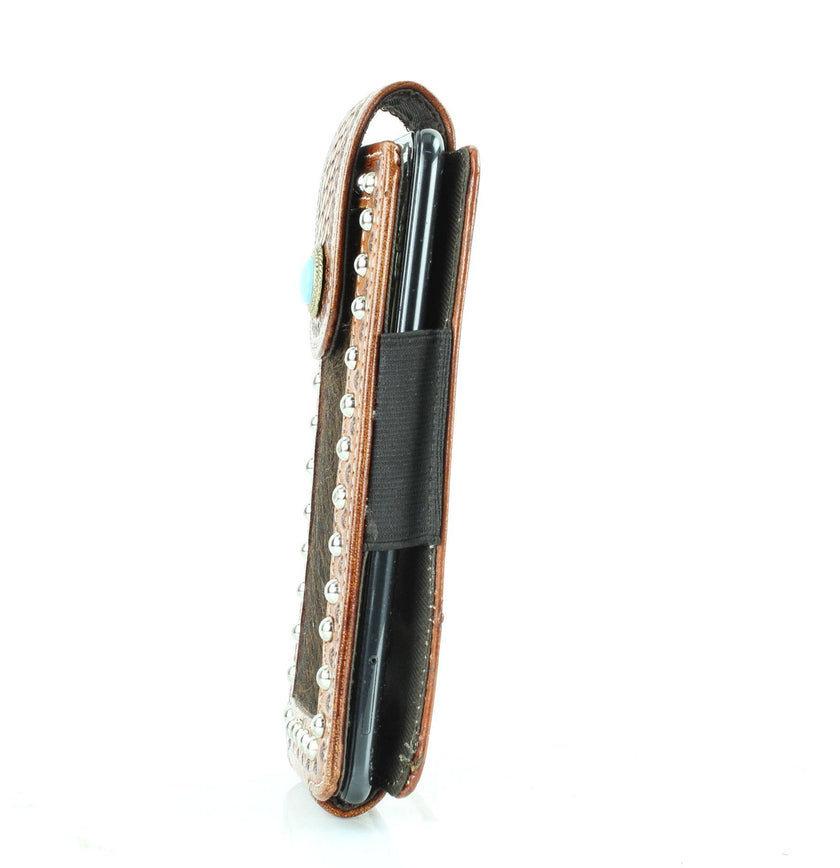 Hair on Hide Belt Phone Case w/ Turquoise shows how thin it is.