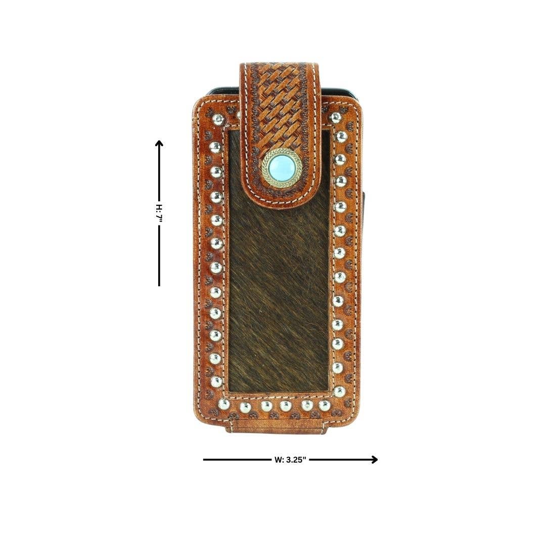 Hair on Hide Belt Phone Case w/ Turquoise detail of dimensions
