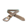 Brown leather belt with intricate design on a white background