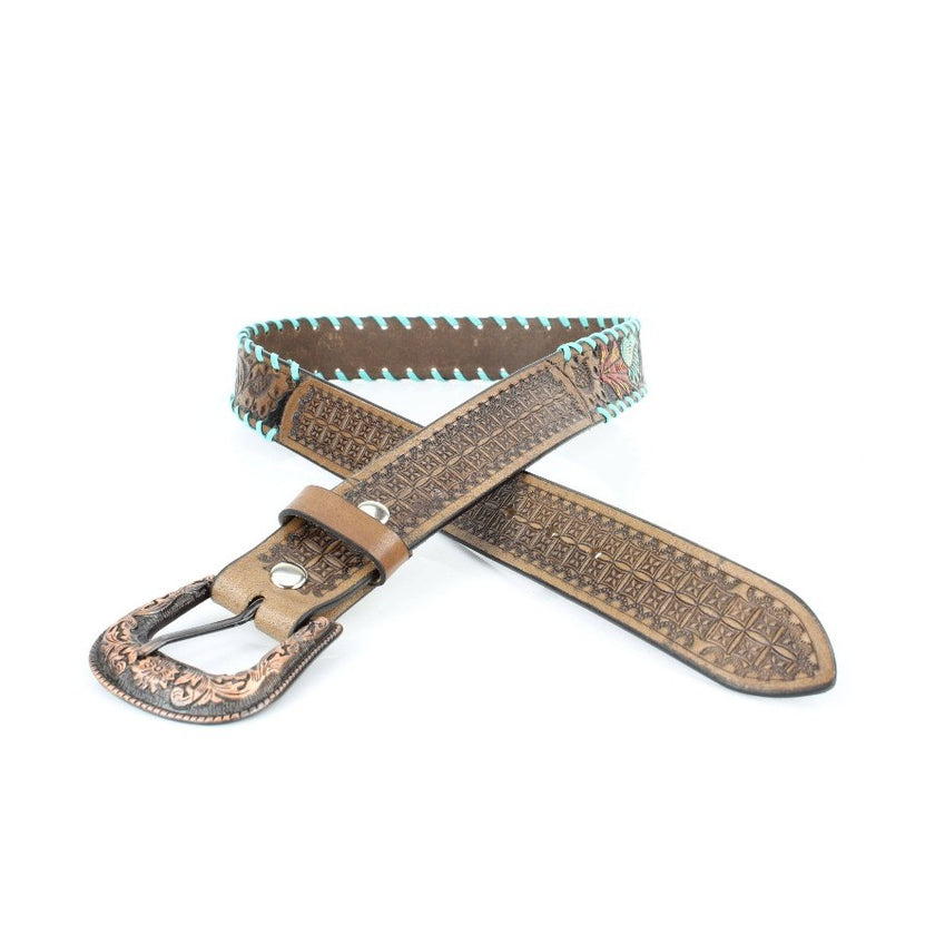 Brown leather belt with intricate design on a white background