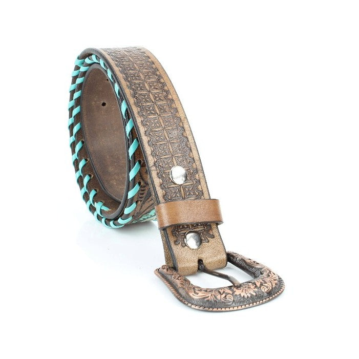 Brown leather belt with turquoise braided strap on a white background