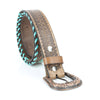 Brown leather belt with turquoise braided strap on a white background