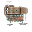 Detailed view of a decorative belt with text highlighting features and measurements.
