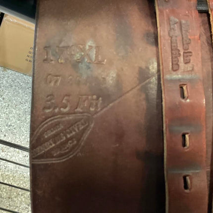 Close-up of inside flap on Henri De Rivel Pro AO Saddle - engraved text and branding.