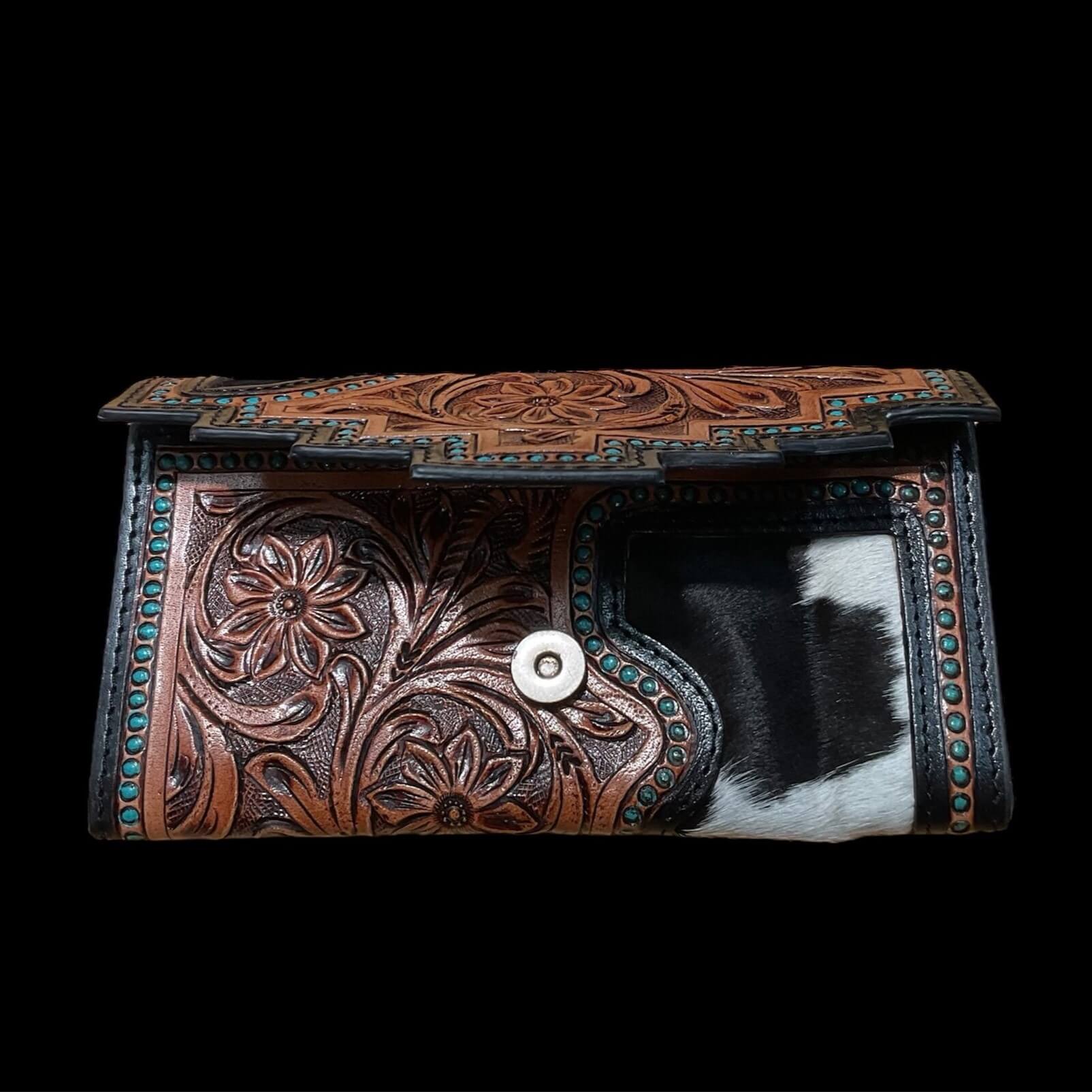 HorseHairz Equestrian Large Tooled Leather Bifold Wallet front open to show snap