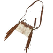 Brown and beige HorseHairz Equestrian Handbag with brown fringe details and strap.