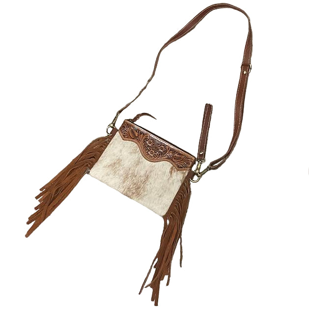 Brown and beige HorseHairz Equestrian Handbag with brown fringe details and strap.
