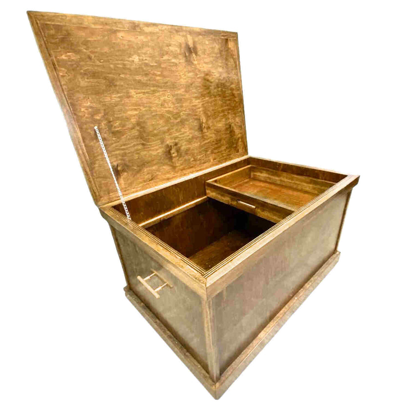 HorseHairz Equestrian Tack Trunk open with a view from the side showing one of the side handles and the inside space.