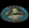 HorseHairz Equestrian brass cowboy hat Belt Buckle with turquoise inlay