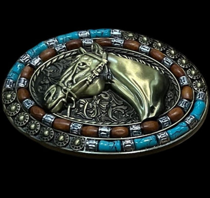 HorseHairz Equestrian brass horse head Belt Buckle with turquoise and brown inlay