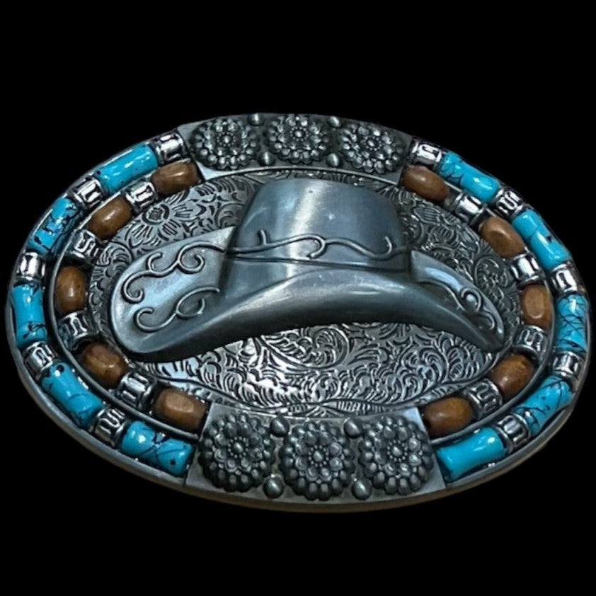 HorseHairz Equestrian silver cowboy hat Belt Buckle with turquoise and brown inlay