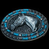 HorseHairz Equestrian silver horse head Belt Buckle with turquoise inlay