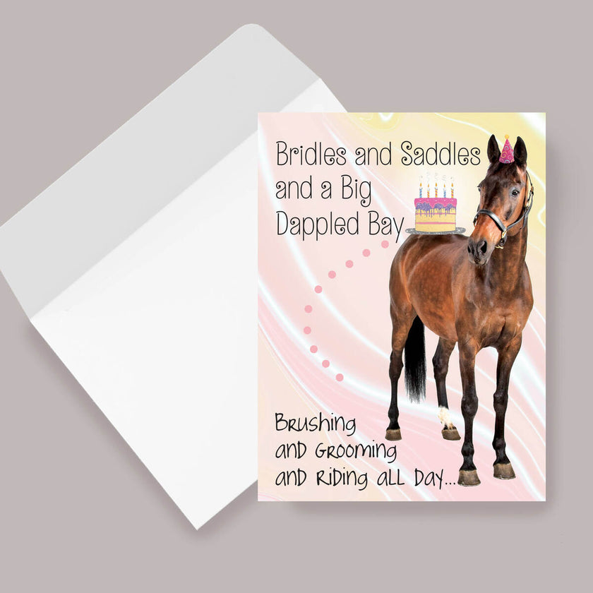 Horse Birthday Card: Bridles & Saddles Dappled Bay with envelope