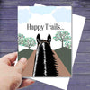 Horse Birthday Card: Happy Trails with a horse illustration and 'Happy Trails' text on a wooden surface