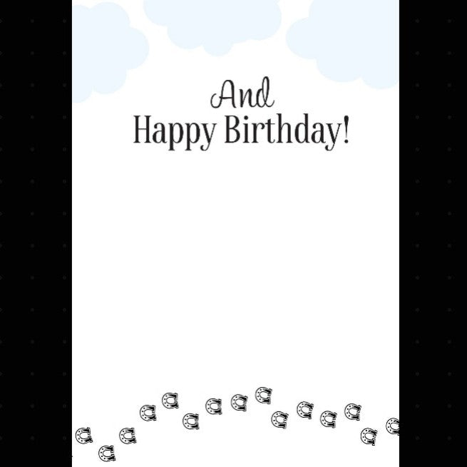 Horse Birthday Card: Happy Trails Text 'And Happy Birthday!' on a white background with decorative elements.