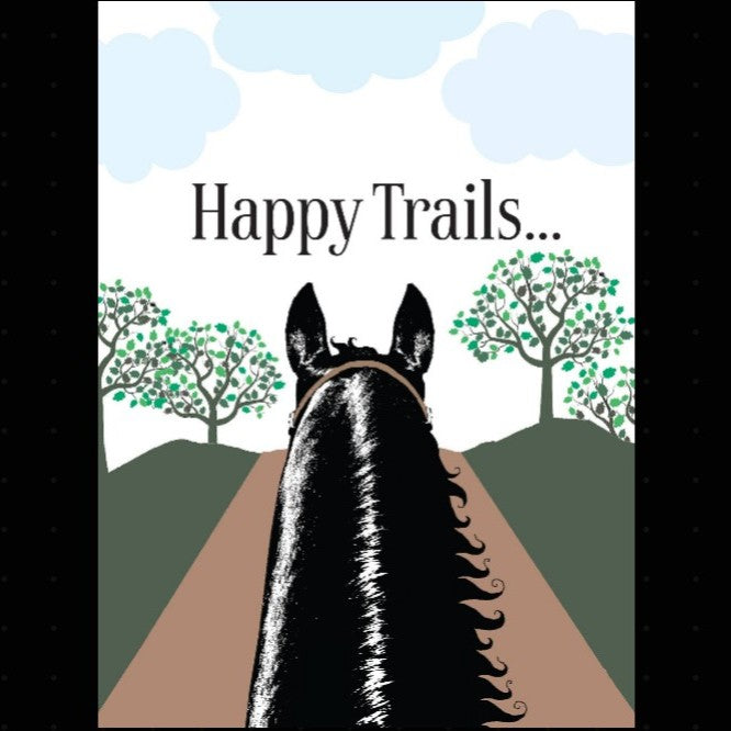 Horse Birthday Card: Happy Trails Illustration of a horse's head with 'Happy Trails' text and trees in the background