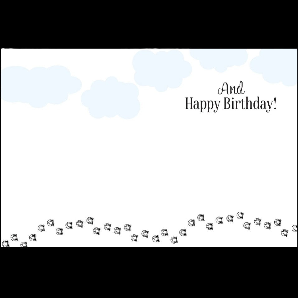 Horse Birthday Card: Happy Trails with decorative elements on a light blue background