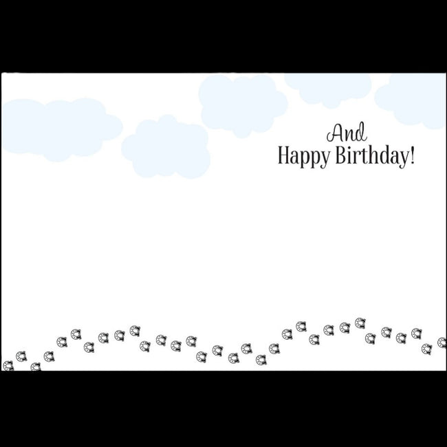 Horse Birthday Card: Happy Trails with decorative elements on a light blue background
