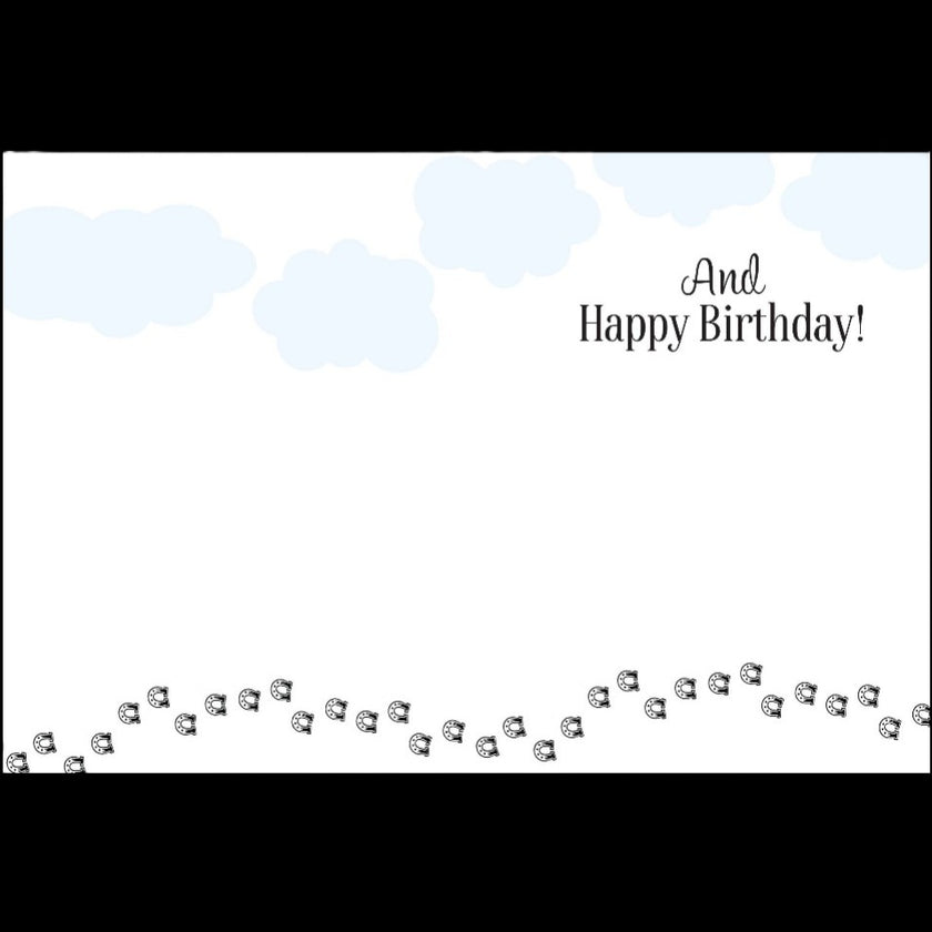 Horse Birthday Card: Happy Trails with decorative elements on a light blue background
