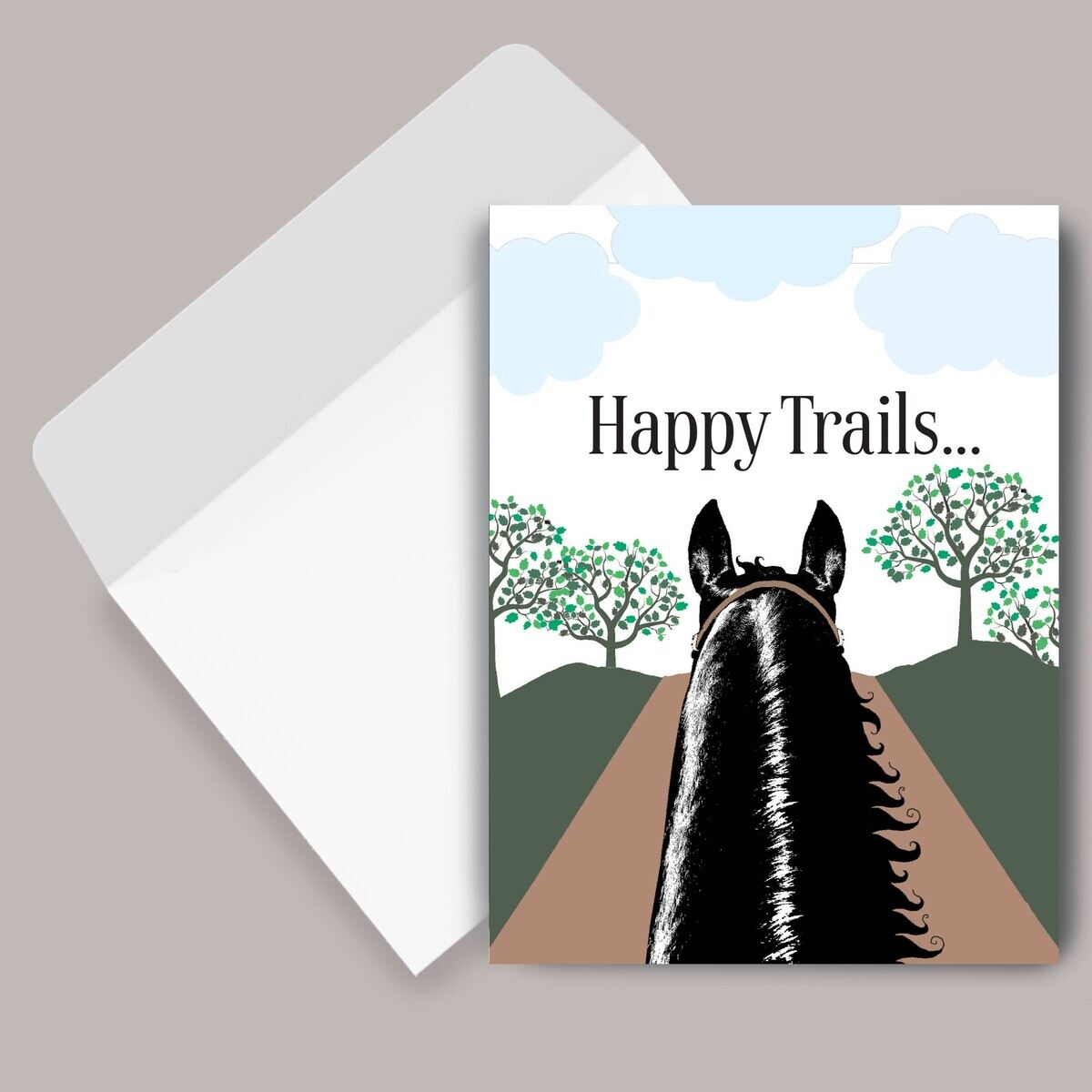 Horse Birthday Card: Happy Trails with a horse's head and 'Happy Trails' text on a scenic background