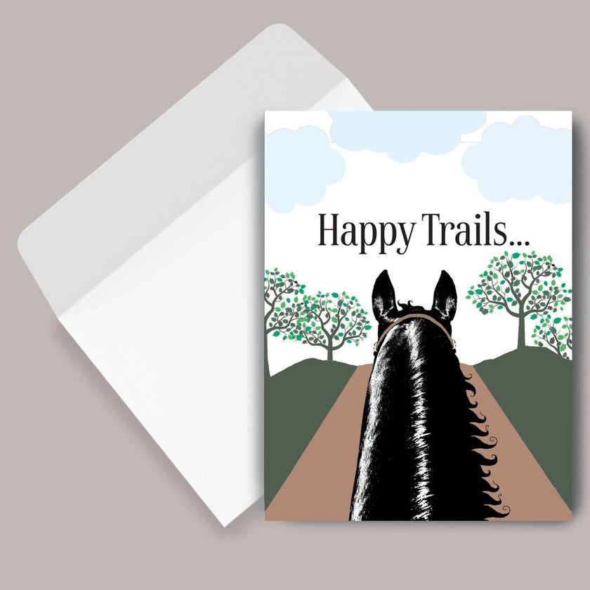 Horse Birthday Card: Happy Trails with a horse's head and 'Happy Trails' text on a scenic background