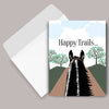 Horse Birthday Card: Happy Trails with a horse's head and 'Happy Trails' text on a scenic background